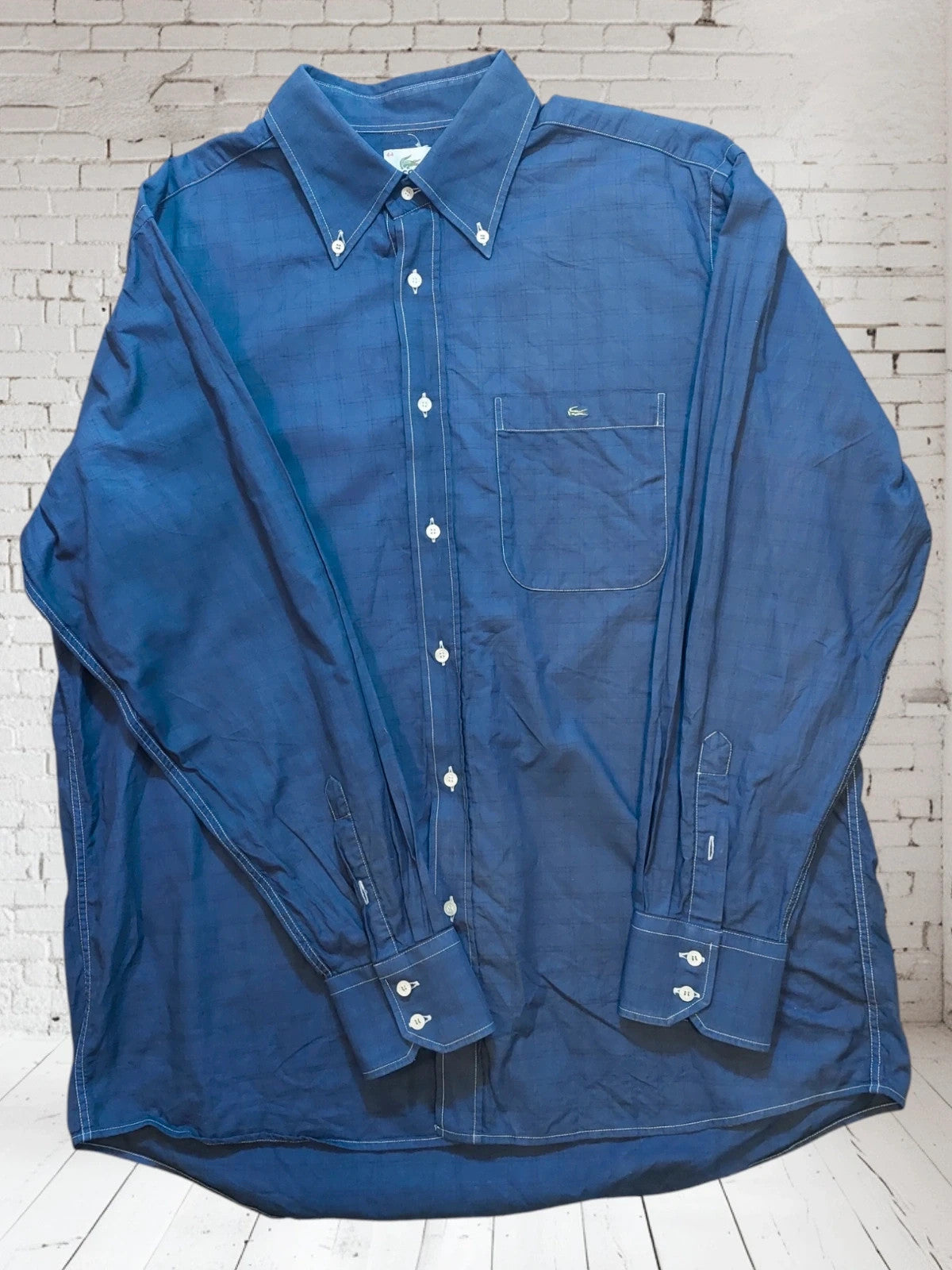 O252 Lacoste button down shirt blue with black lines size 44cm