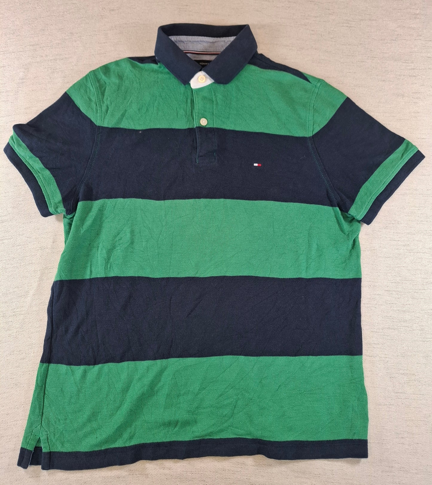 001254 Tommy Hilfiger Polo shirt size S Navy/ Green striped