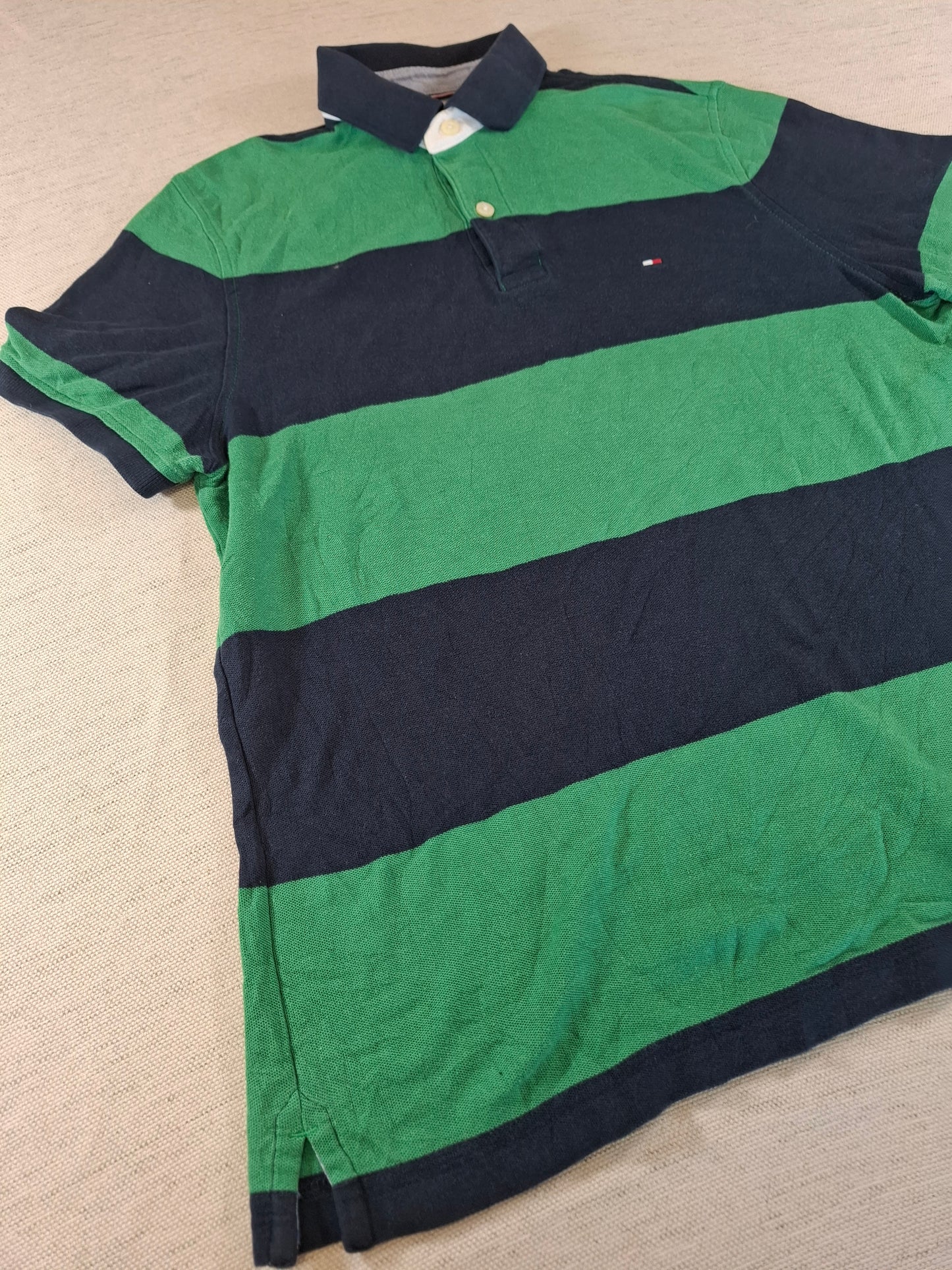 001254 Tommy Hilfiger Polo shirt size S Navy/ Green striped