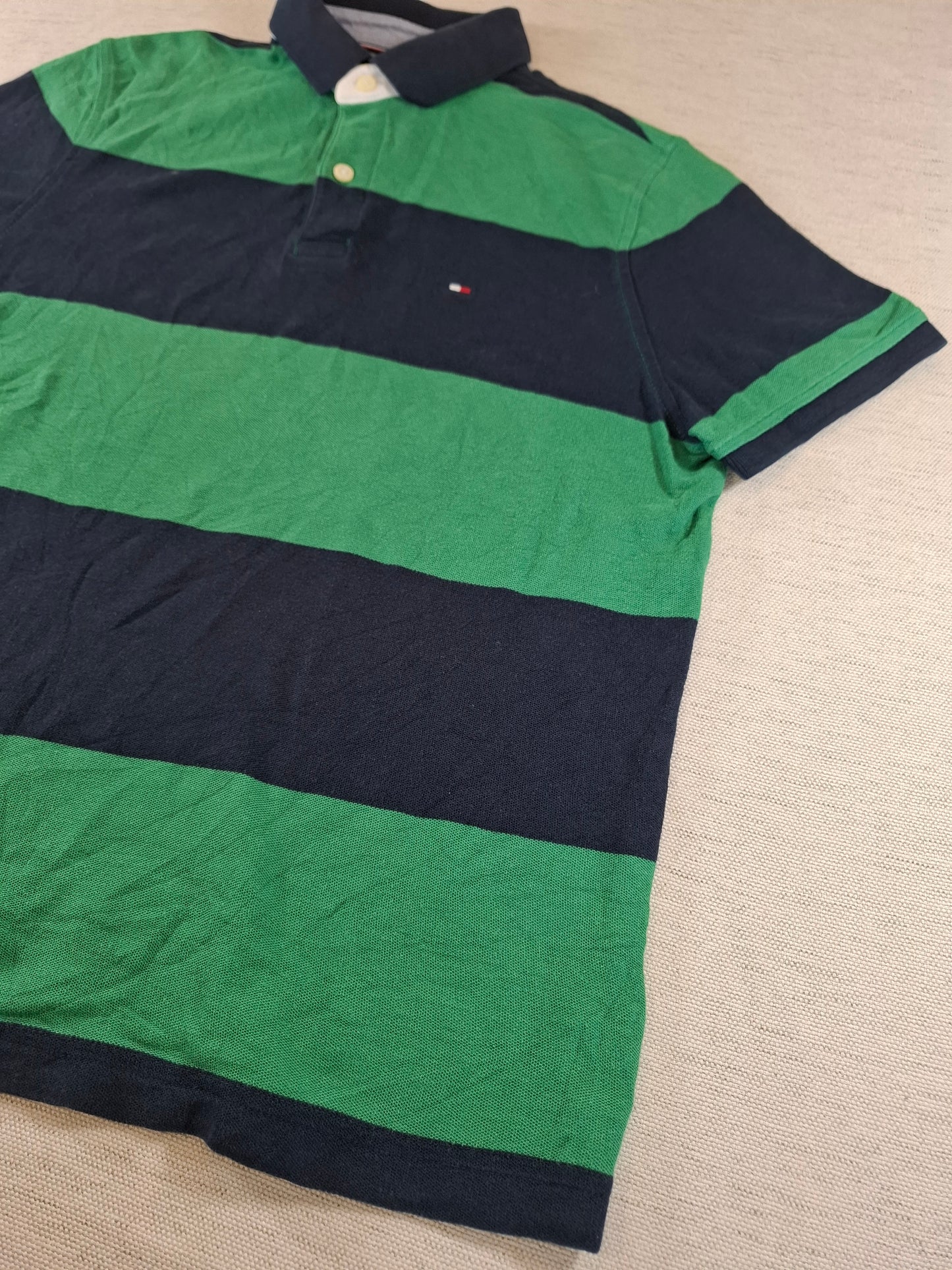 001254 Tommy Hilfiger Polo shirt size S Navy/ Green striped