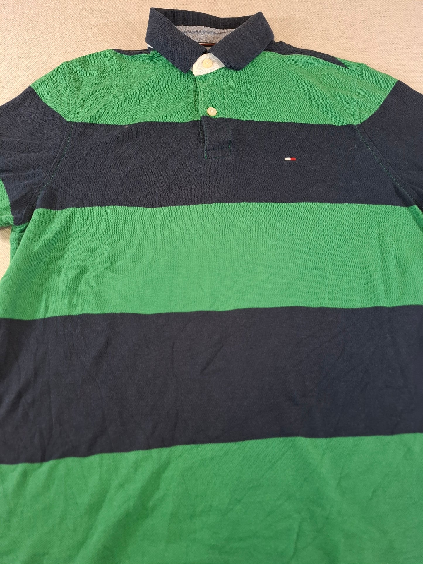 001254 Tommy Hilfiger Polo shirt size S Navy/ Green striped