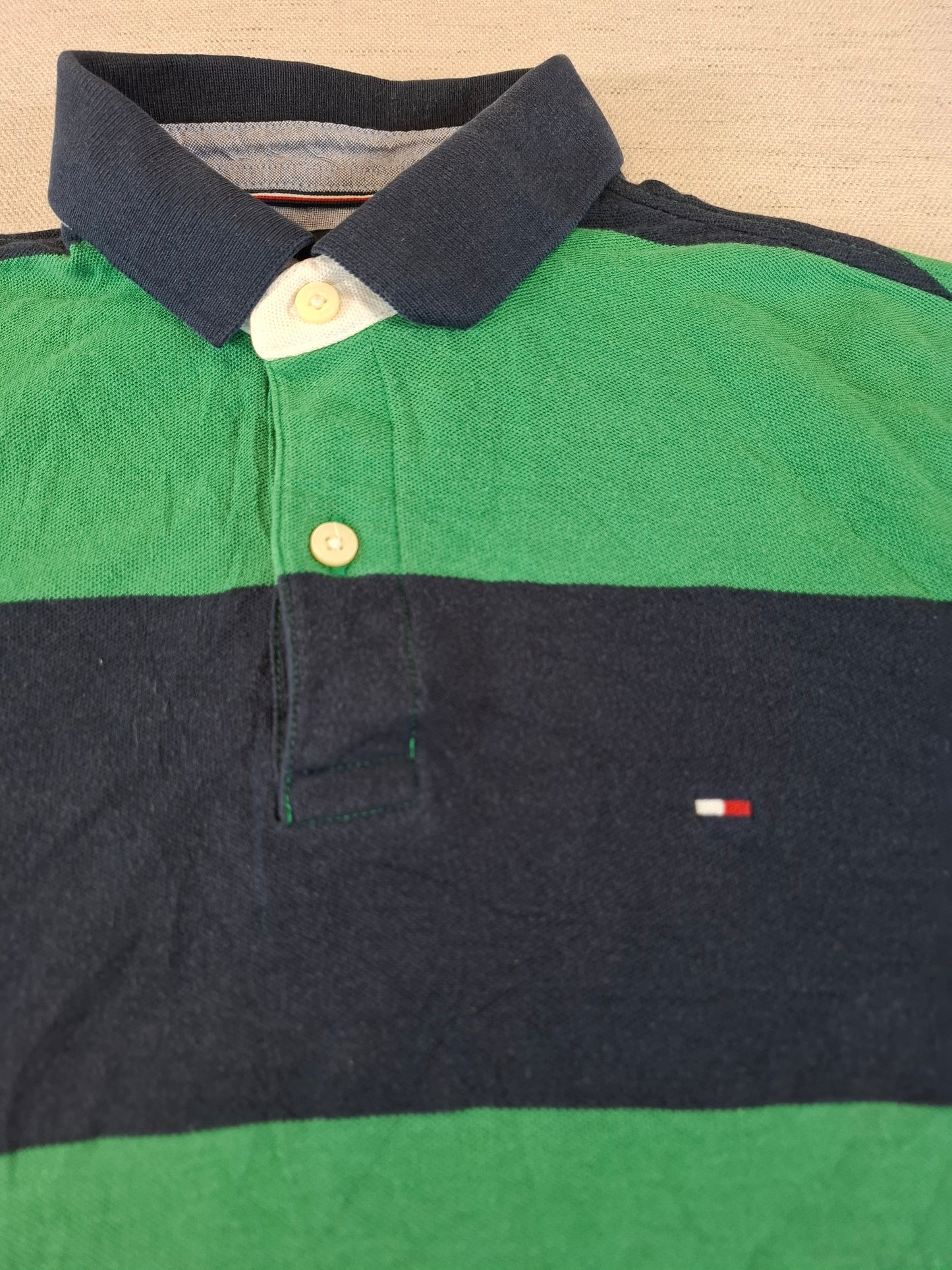 001254 Tommy Hilfiger Polo shirt size S Navy/ Green striped