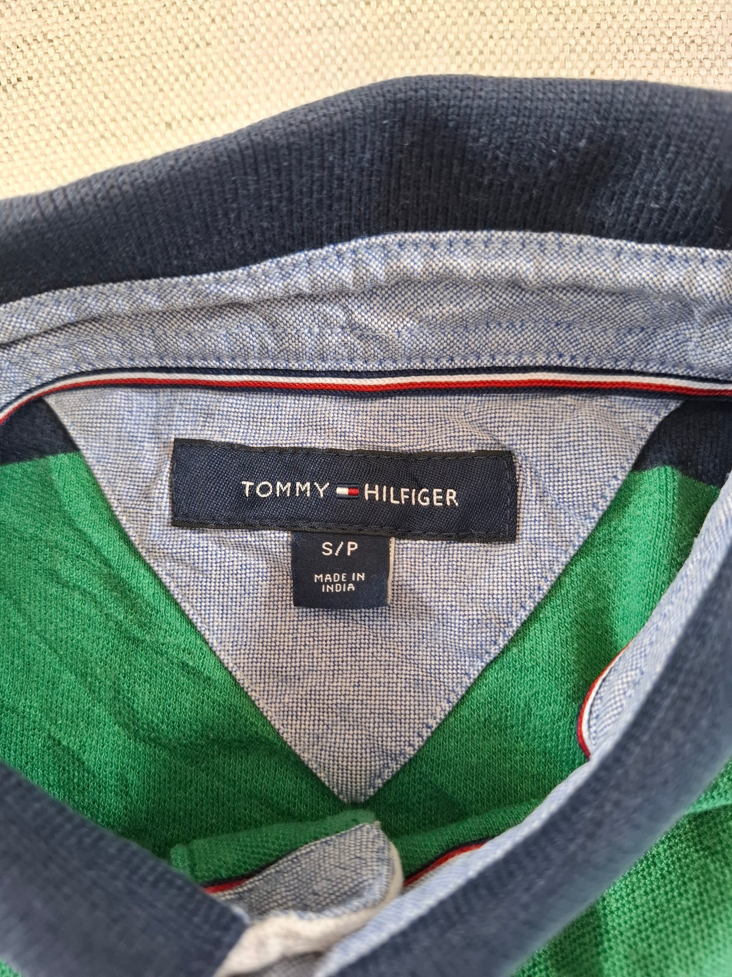 001254 Tommy Hilfiger Polo shirt size S Navy/ Green striped