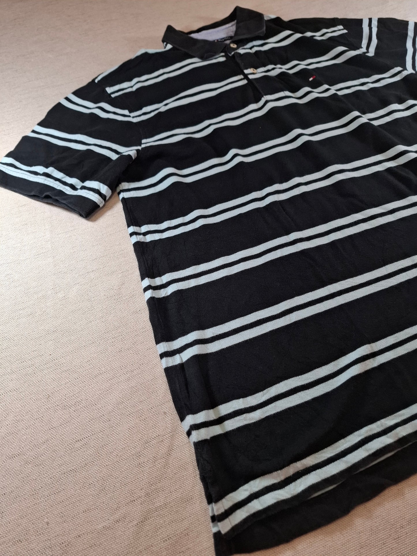 001299 Tommy Hilfiger Polo shirt size XL Black/ Lightblue stripes