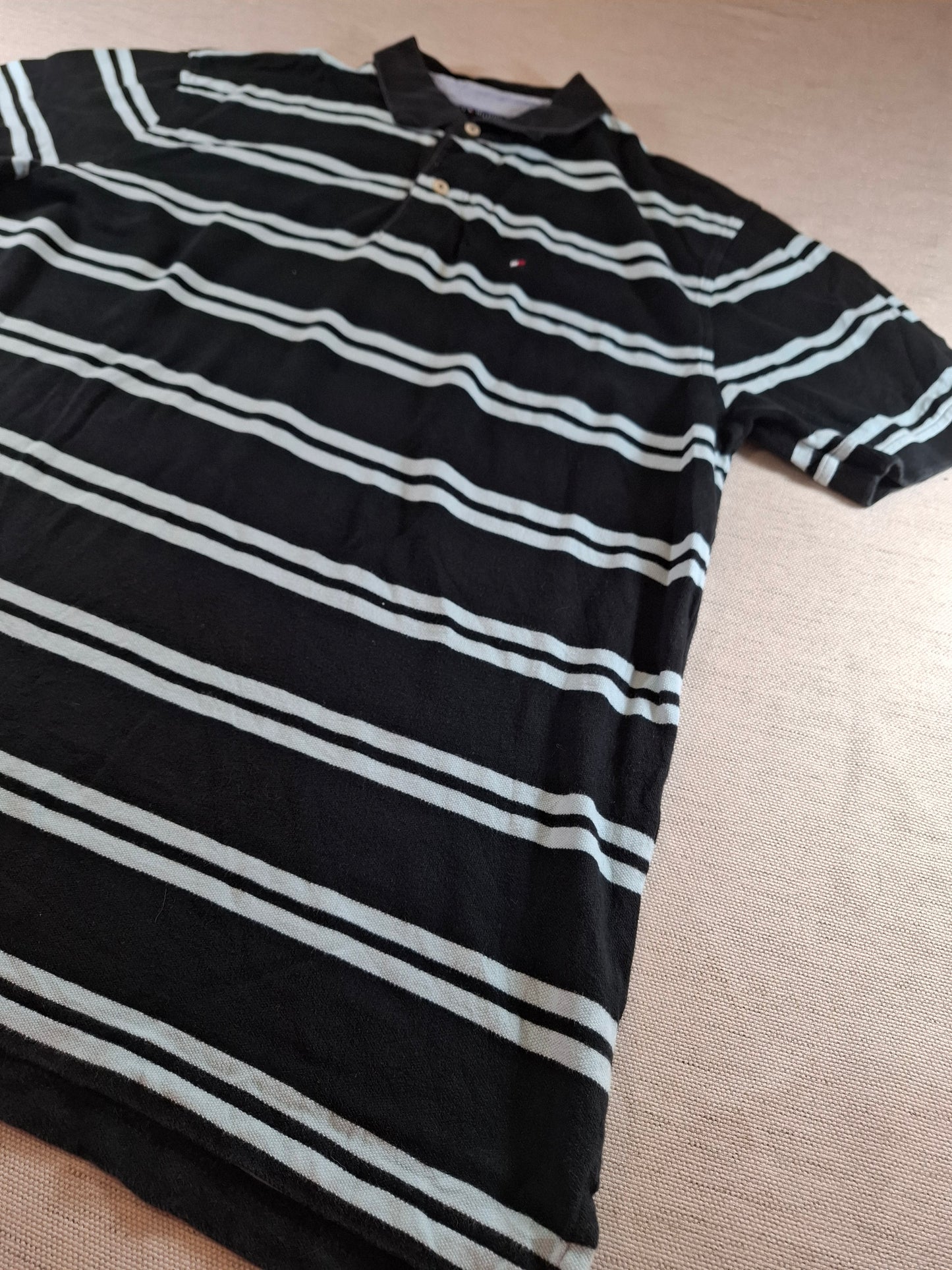 001299 Tommy Hilfiger Polo shirt size XL Black/ Lightblue stripes