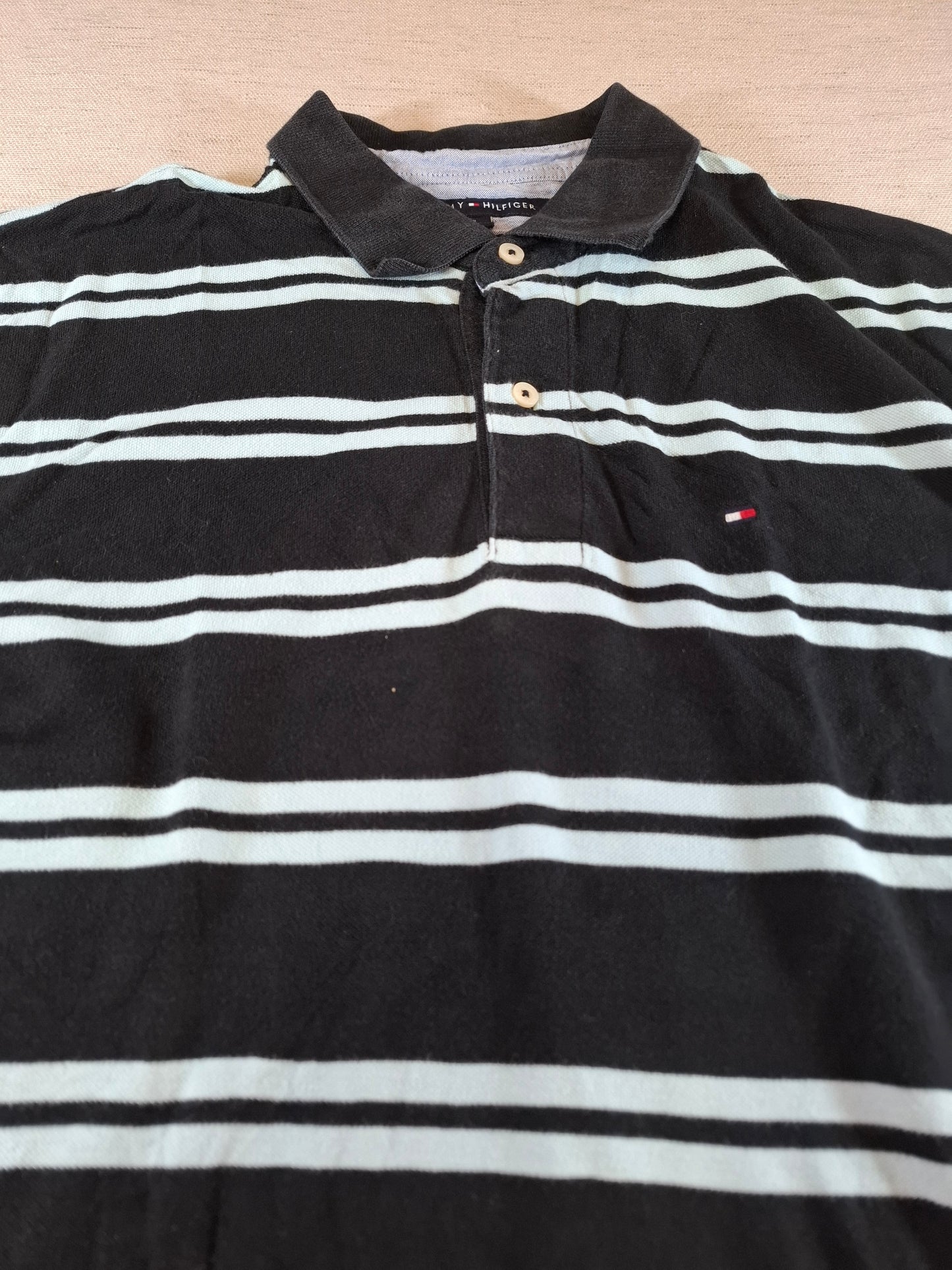 001299 Tommy Hilfiger Polo shirt size XL Black/ Lightblue stripes