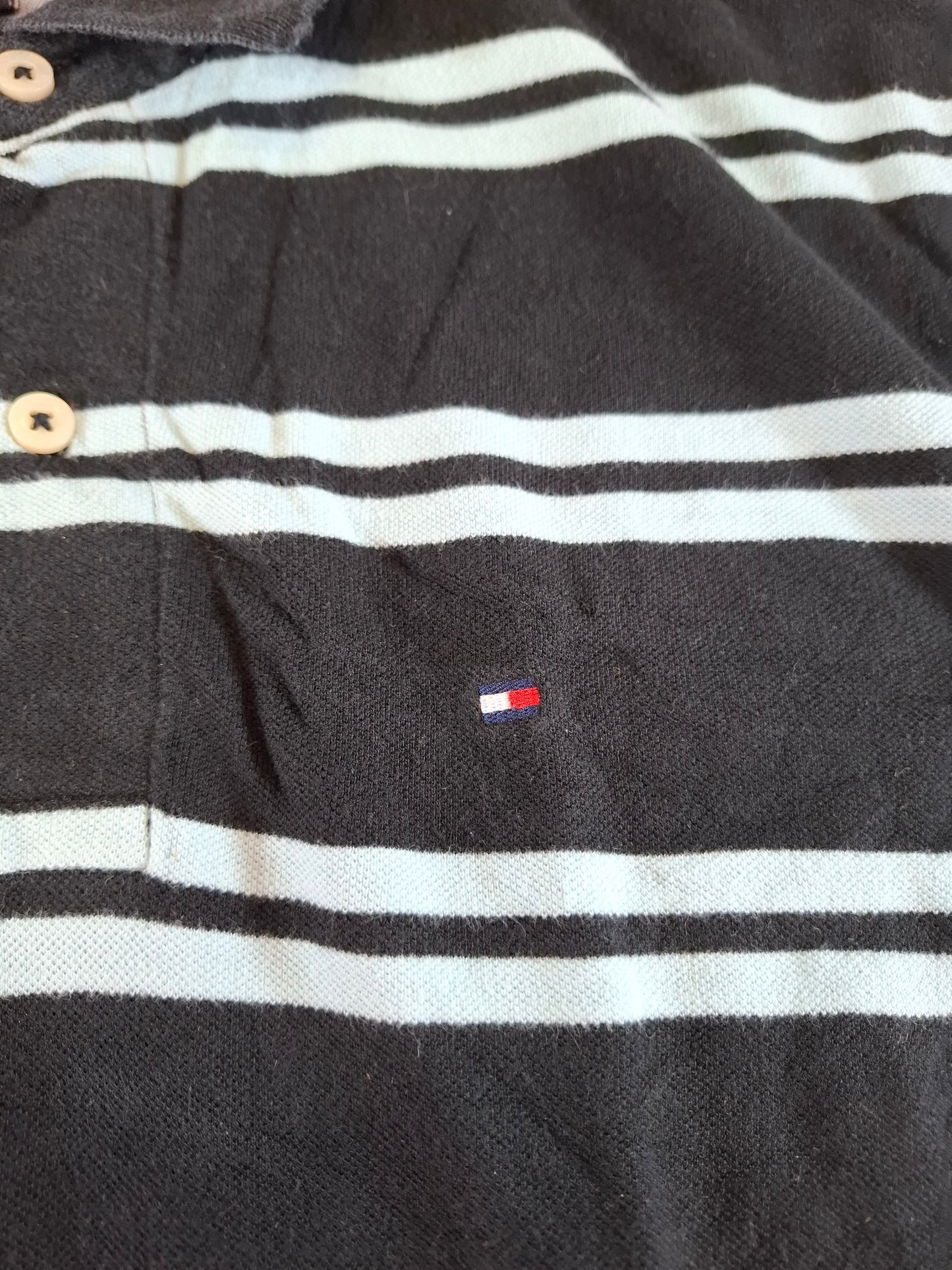 001299 Tommy Hilfiger Polo shirt size XL Black/ Lightblue stripes