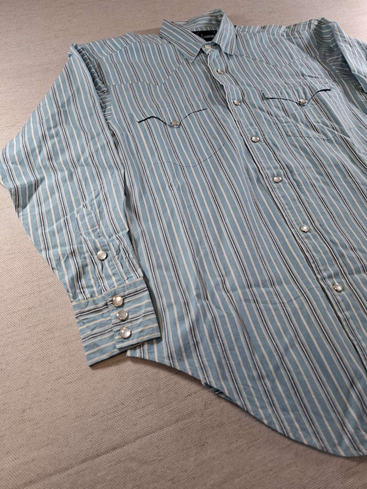 001364 Polo Ralph Lauren Button down shirt – Aqua/ black/ white striped, Size 4
