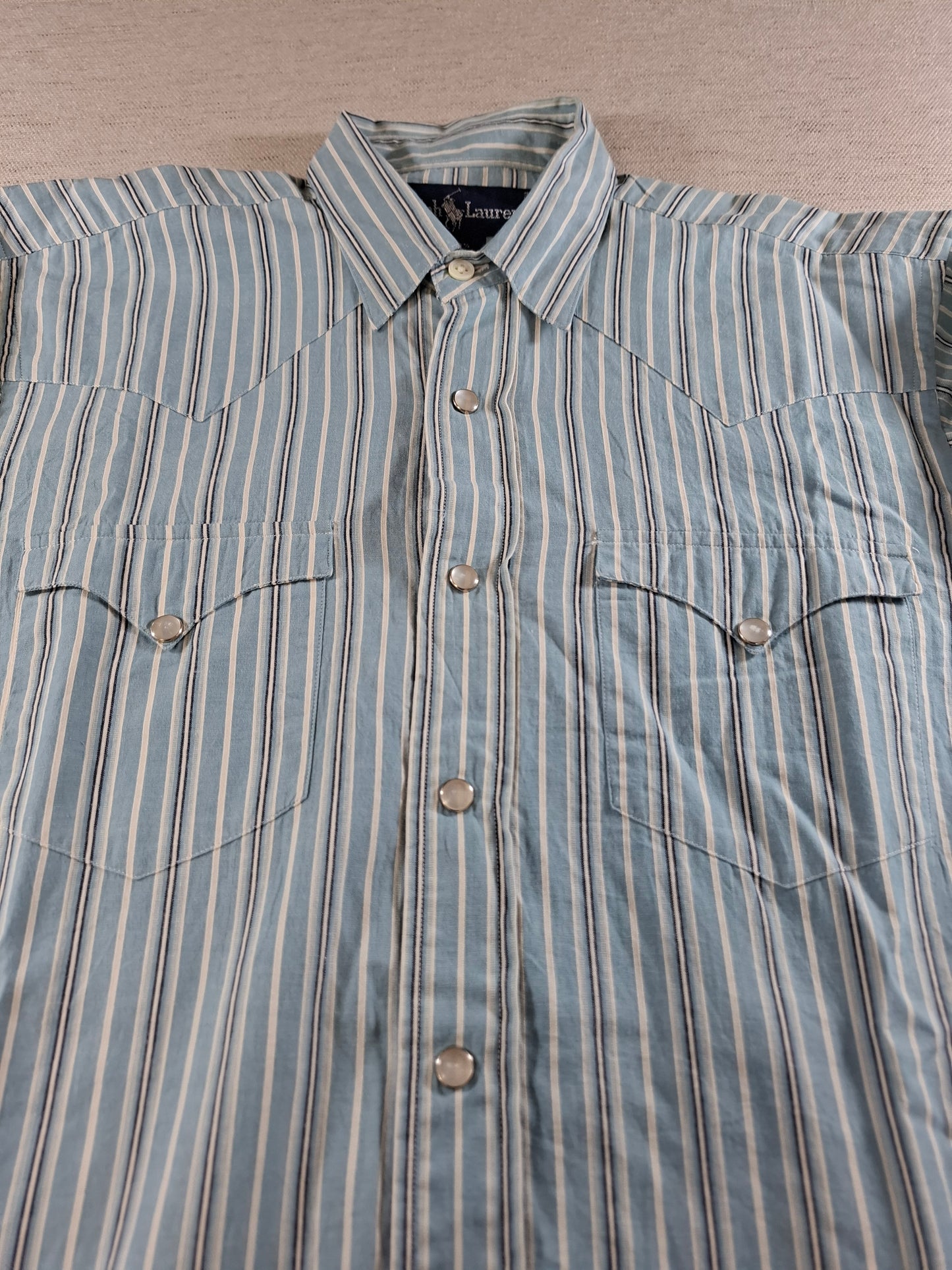 001364 Polo Ralph Lauren Button down shirt – Aqua/ black/ white striped, Size 4