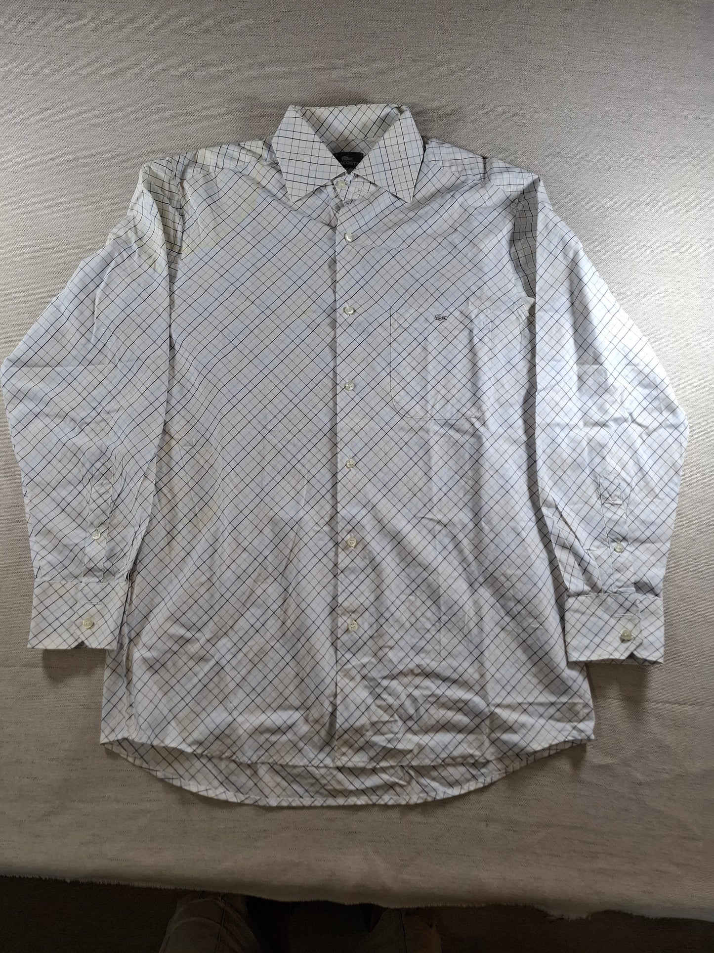 001372 Lacoste Button down shirt – White/ Blue/ Brown checkered, Size 41