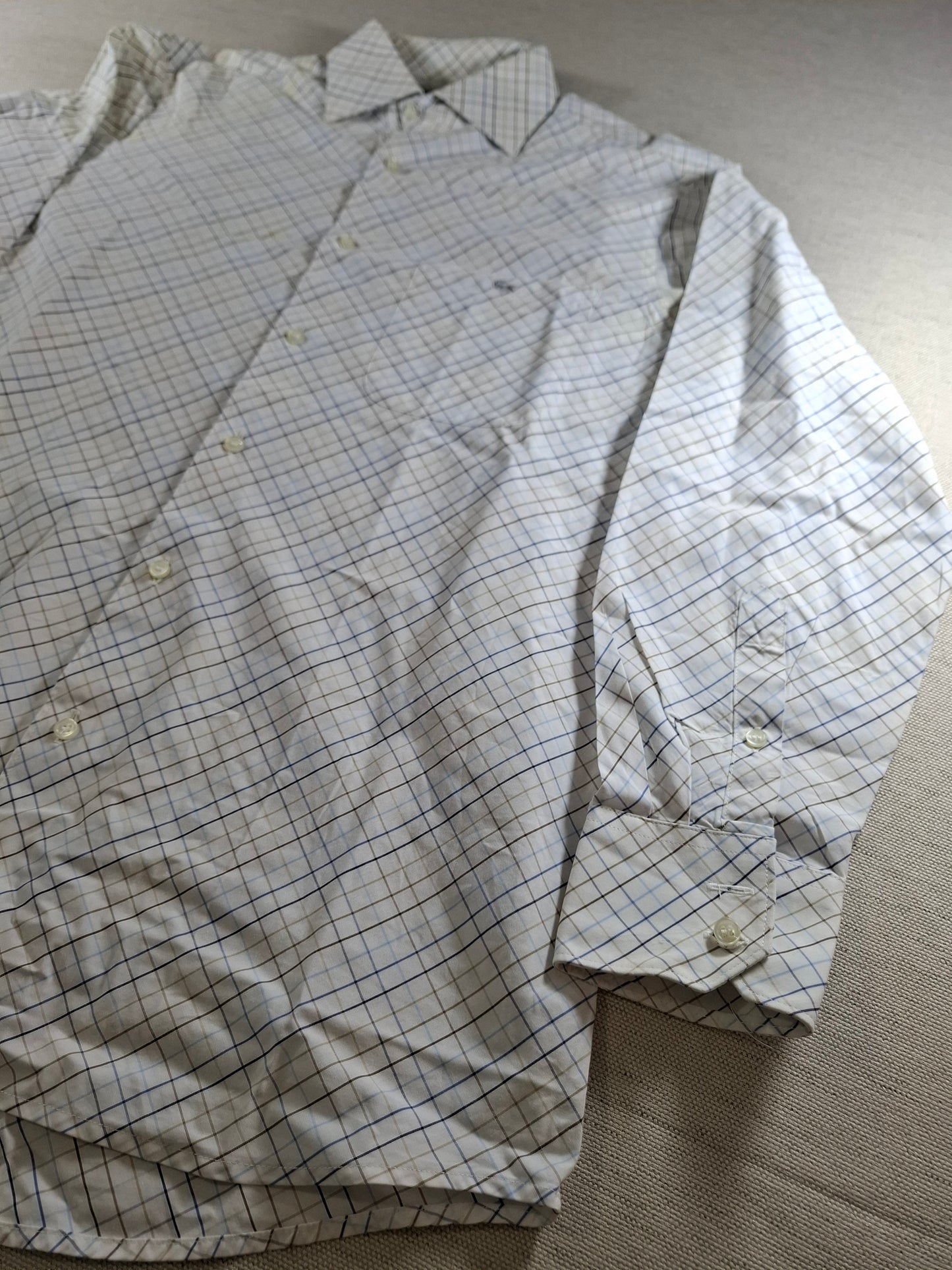 001372 Lacoste Button down shirt – White/ Blue/ Brown checkered, Size 41
