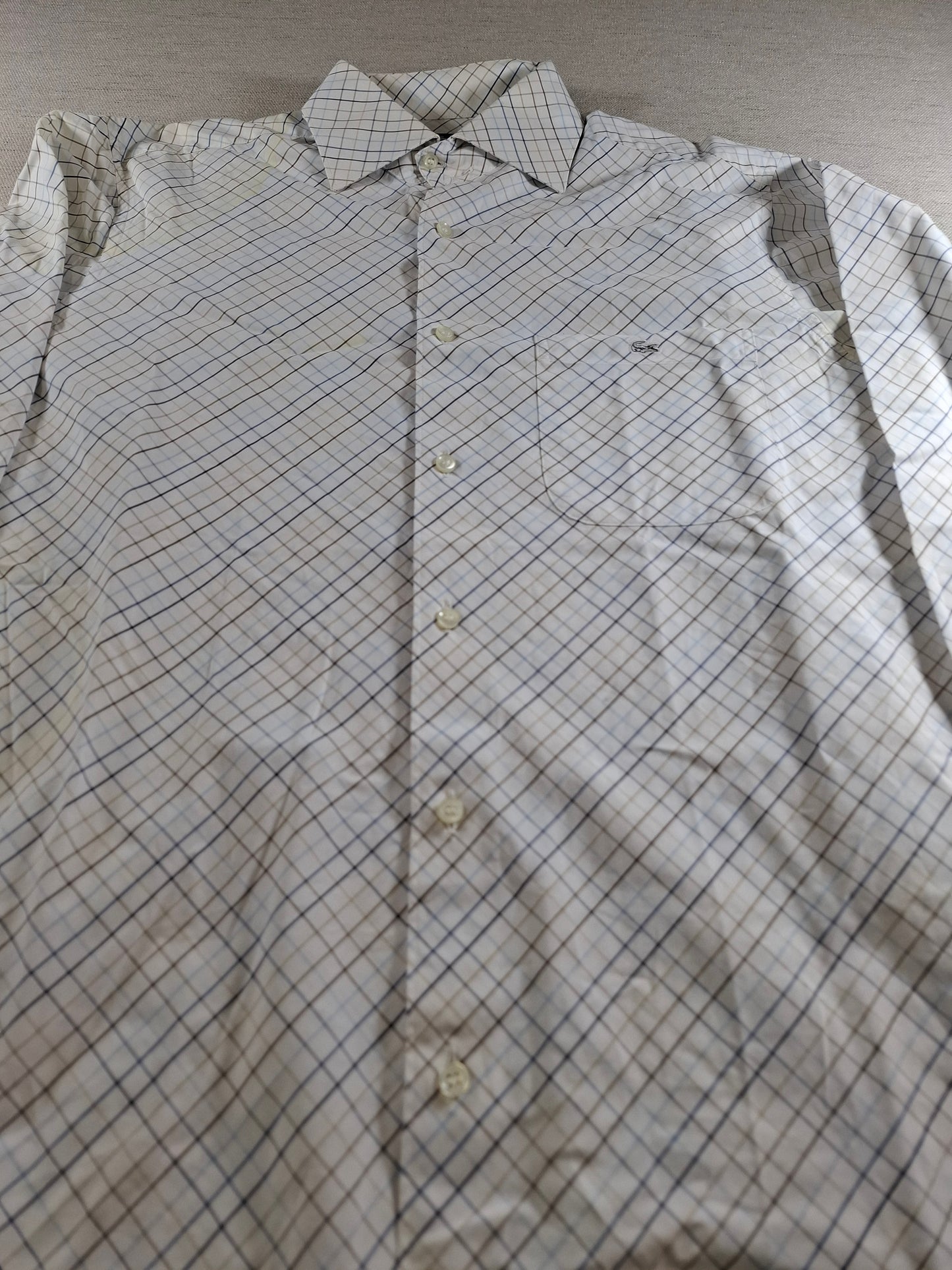 001372 Lacoste Button down shirt – White/ Blue/ Brown checkered, Size 41