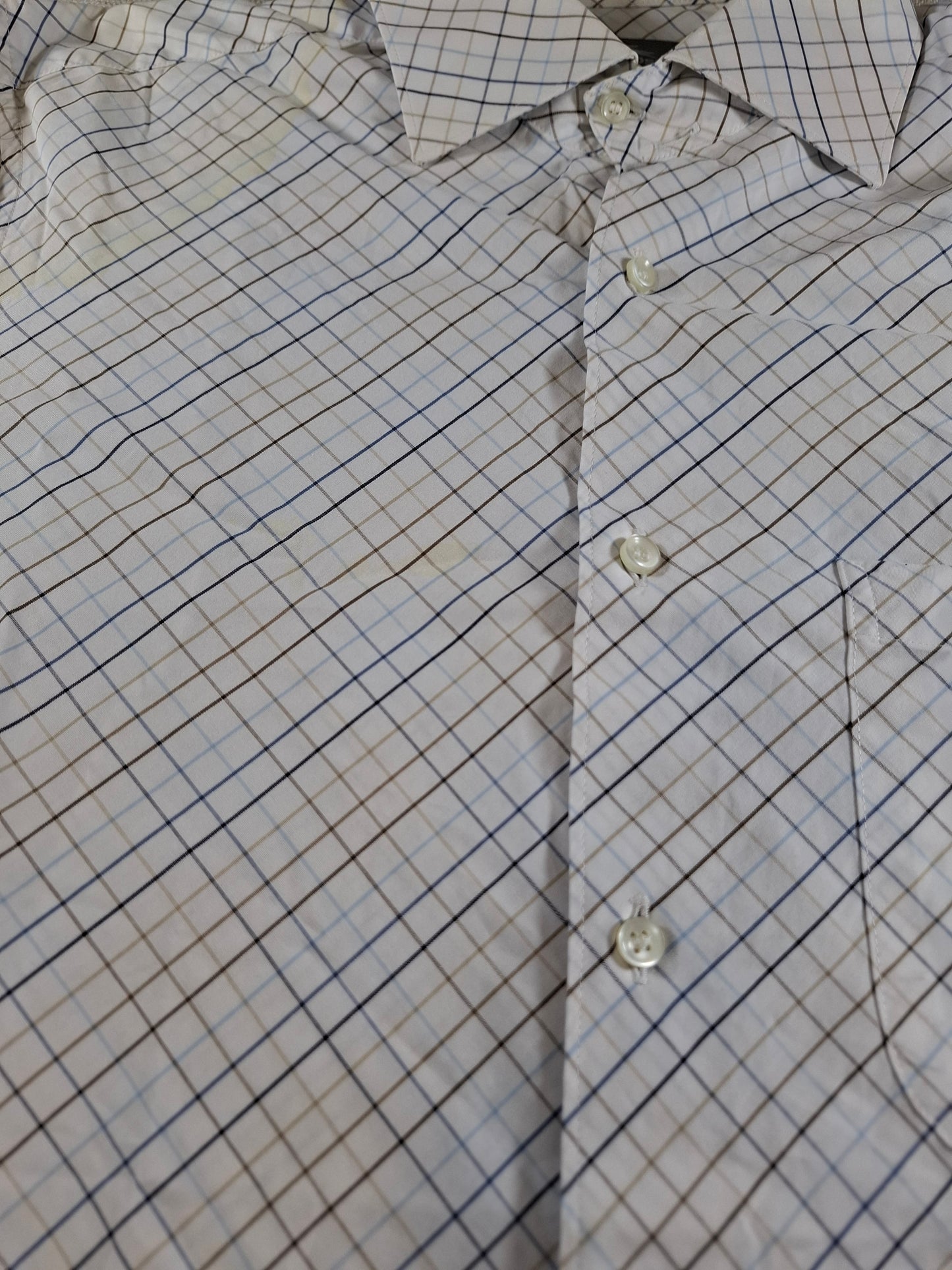 001372 Lacoste Button down shirt – White/ Blue/ Brown checkered, Size 41