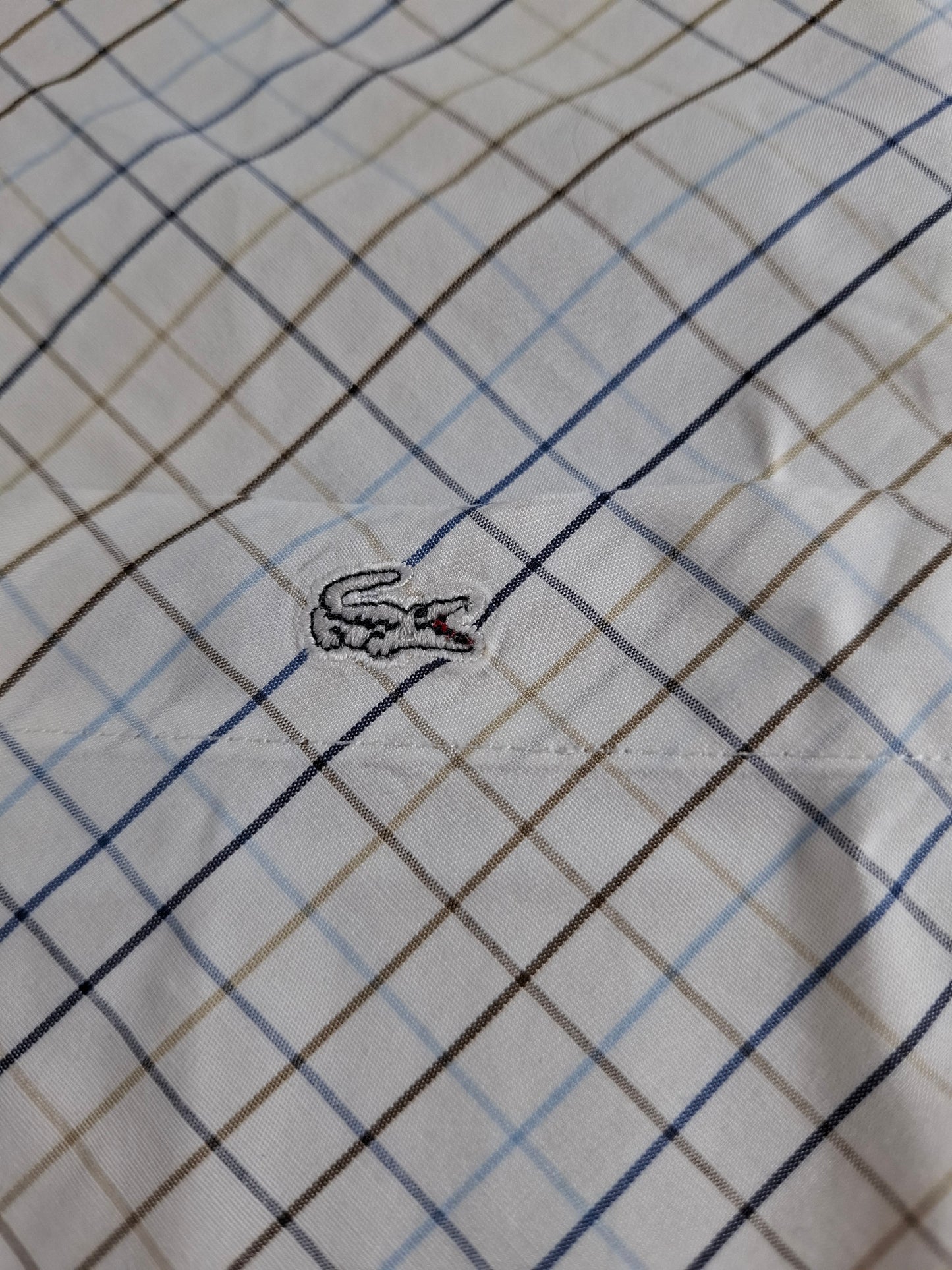 001372 Lacoste Button down shirt – White/ Blue/ Brown checkered, Size 41