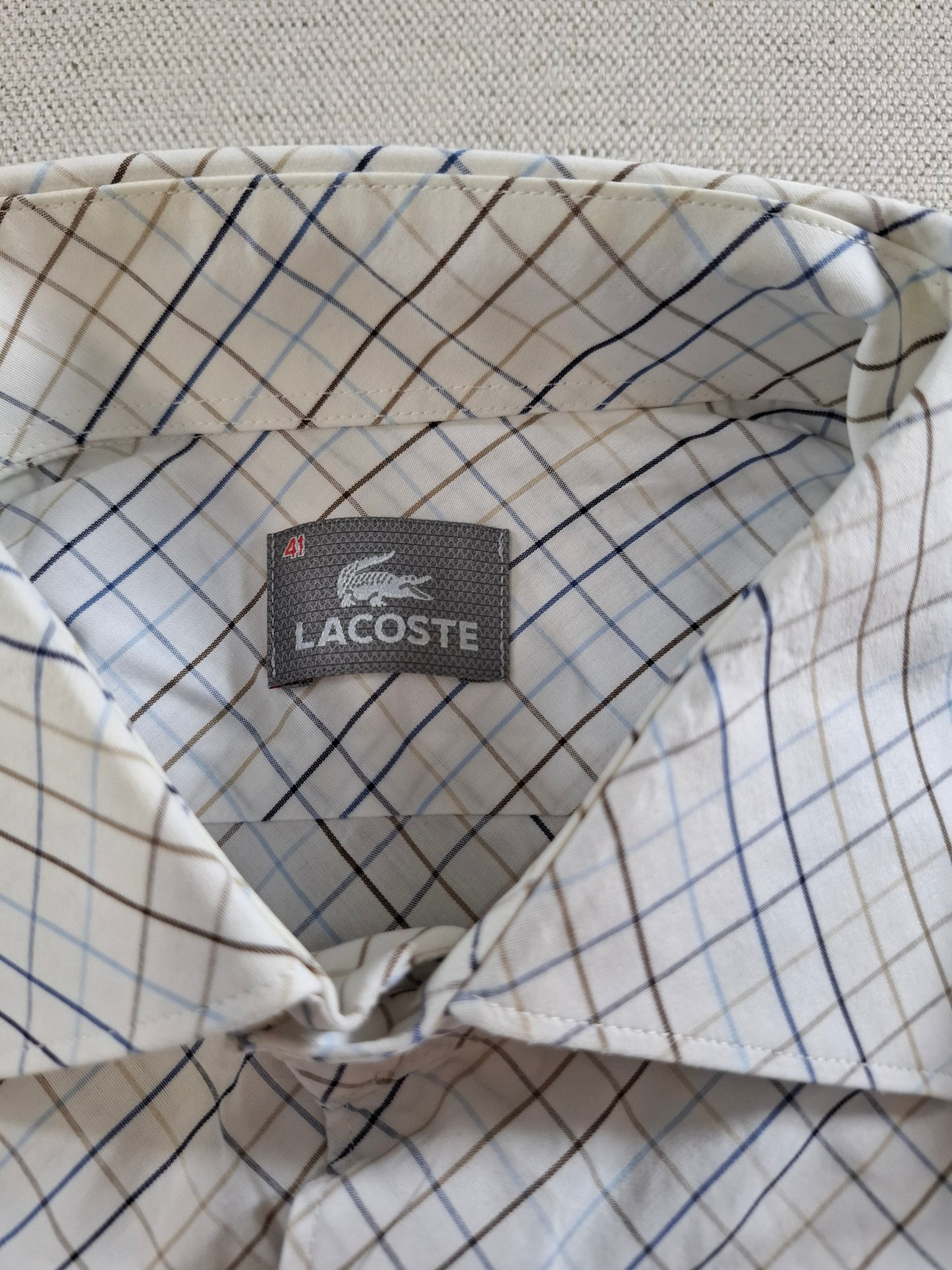 001372 Lacoste Button down shirt – White/ Blue/ Brown checkered, Size 41