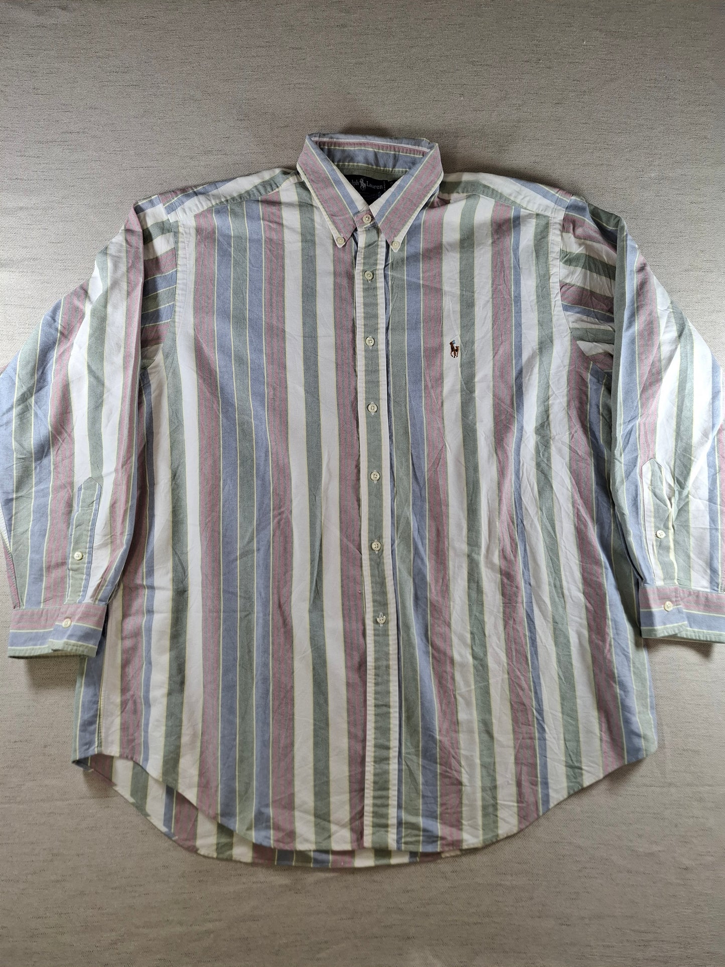 001413 – Polo Ralph Lauren Shirt – White/Green/Red Striped, Size 17,5/35
