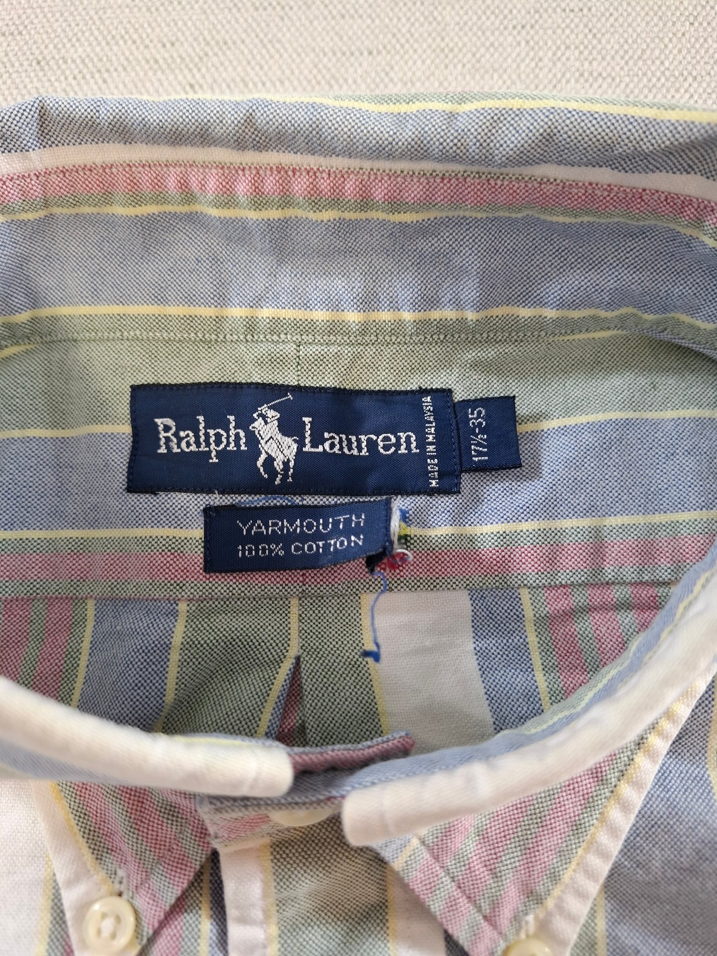 001413 – Polo Ralph Lauren Shirt – White/Green/Red Striped, Size 17,5/35