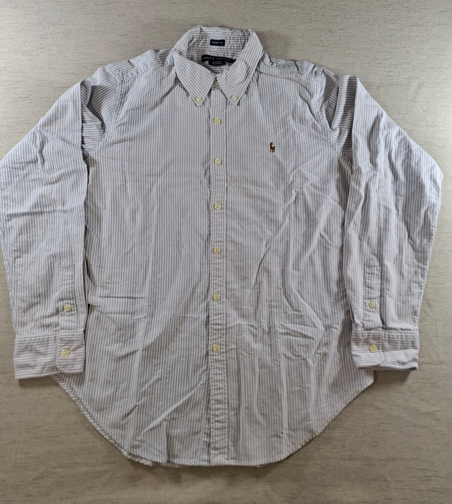 001425 – Polo Ralph Lauren Shirt – White/Light Blue Striped, Size 14