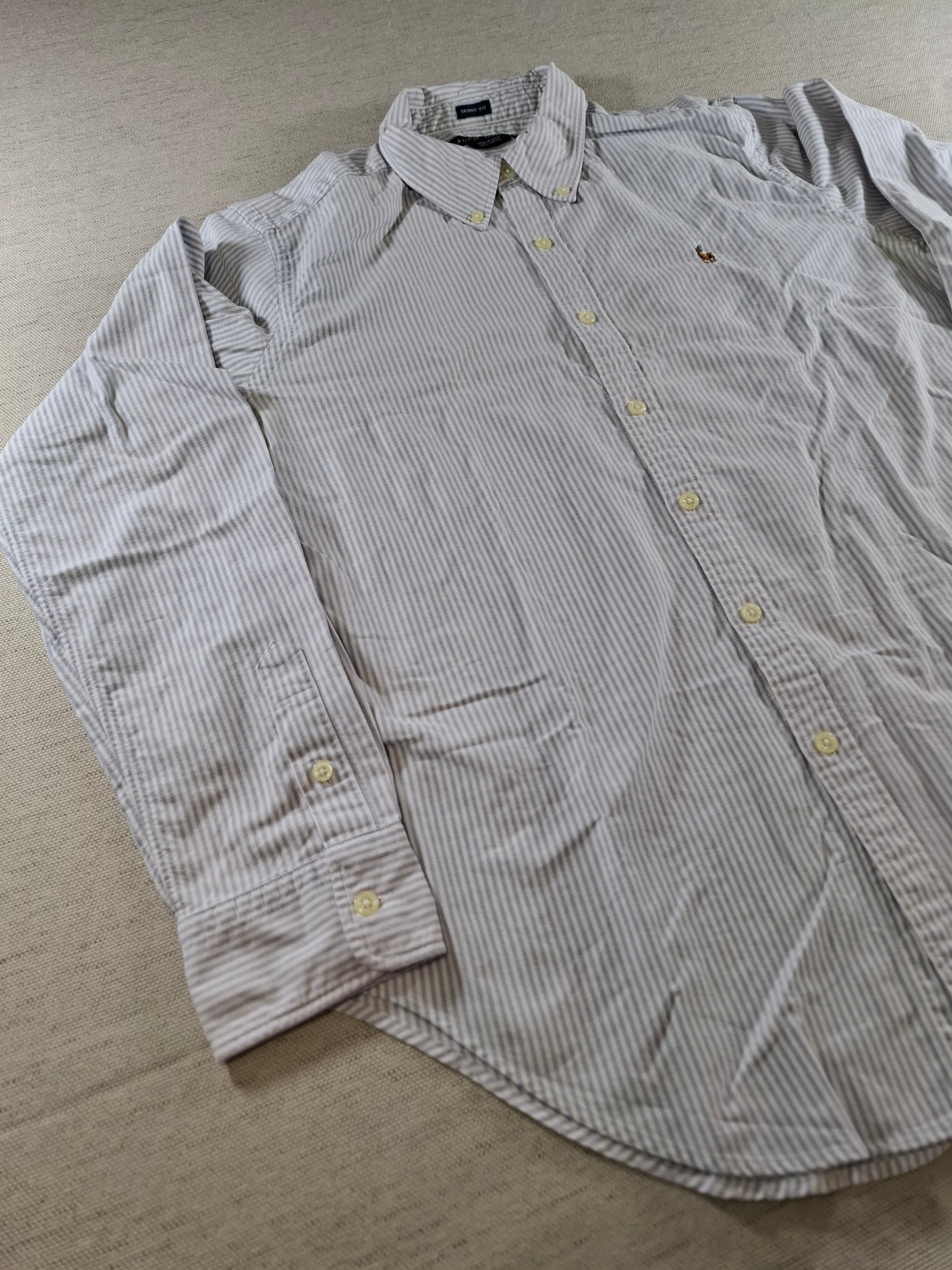 001425 – Polo Ralph Lauren Shirt – White/Light Blue Striped, Size 14