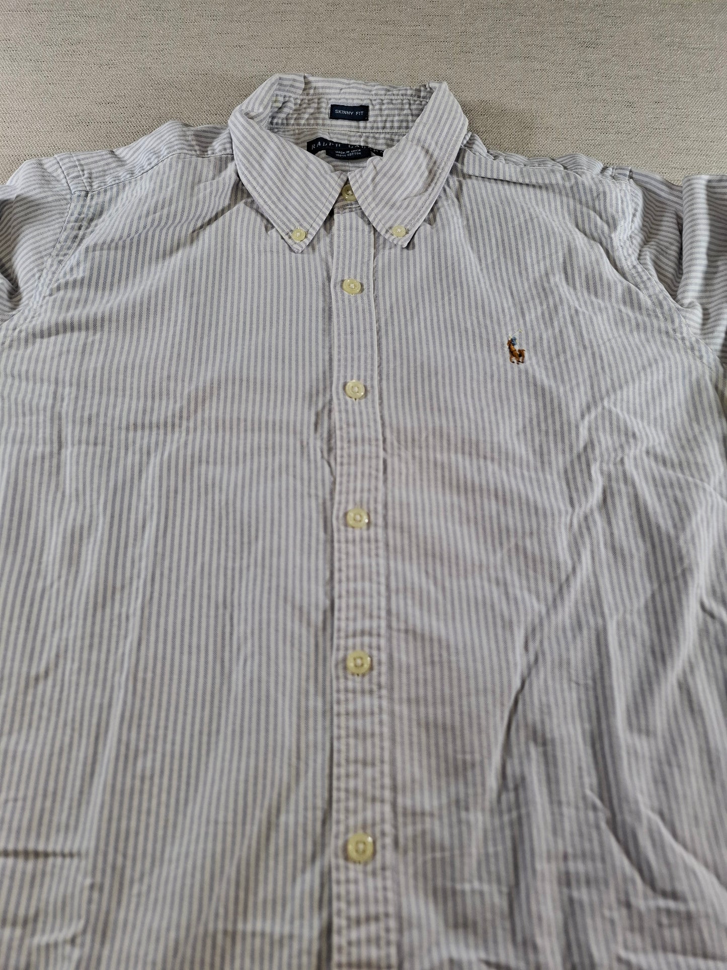 001425 – Polo Ralph Lauren Shirt – White/Light Blue Striped, Size 14