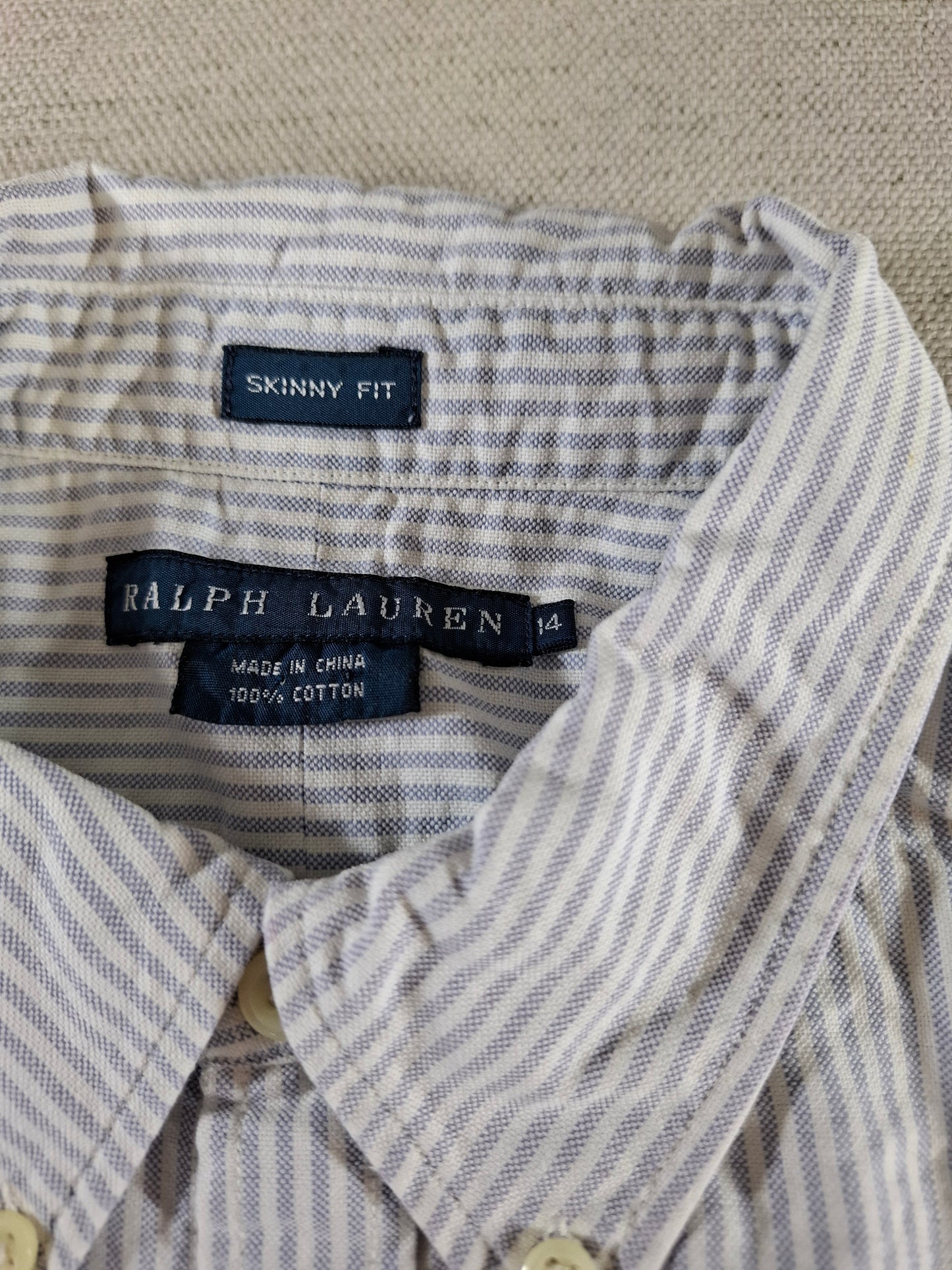 001425 – Polo Ralph Lauren Shirt – White/Light Blue Striped, Size 14