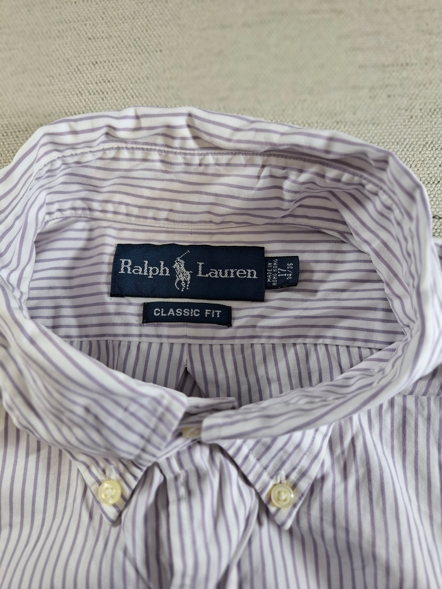001443 – Polo Ralph Lauren Shirt – Lilac/White Stripe, Size Collar 17, Sleeve 34/35