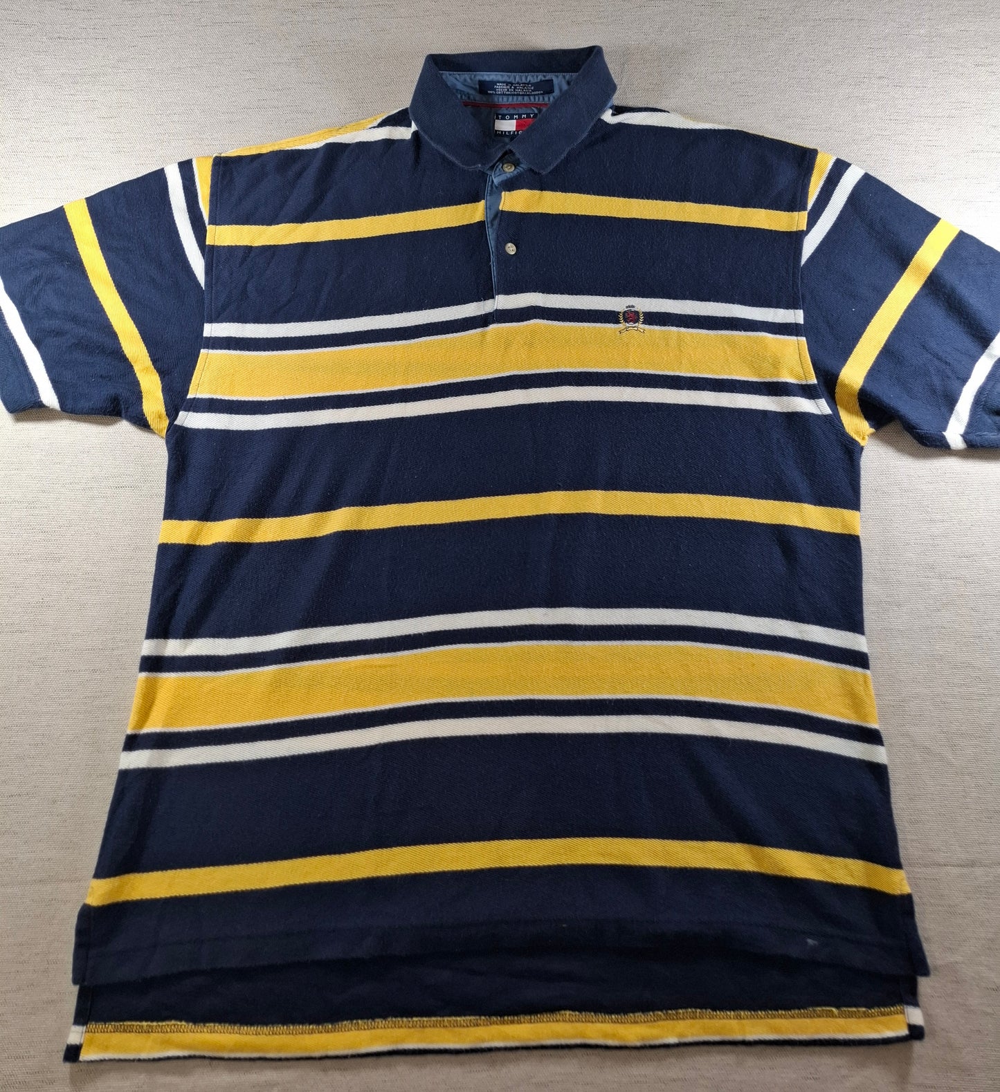 001486 – Tommy Hilfiger Polo Shirt – Yellow/White/Blue Stripe, Size XL