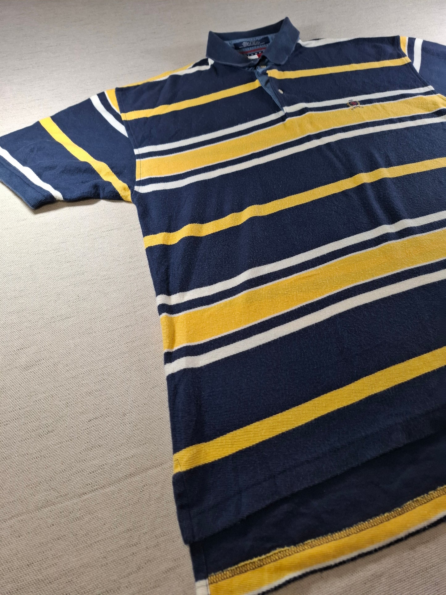 001486 – Tommy Hilfiger Polo Shirt – Yellow/White/Blue Stripe, Size XL