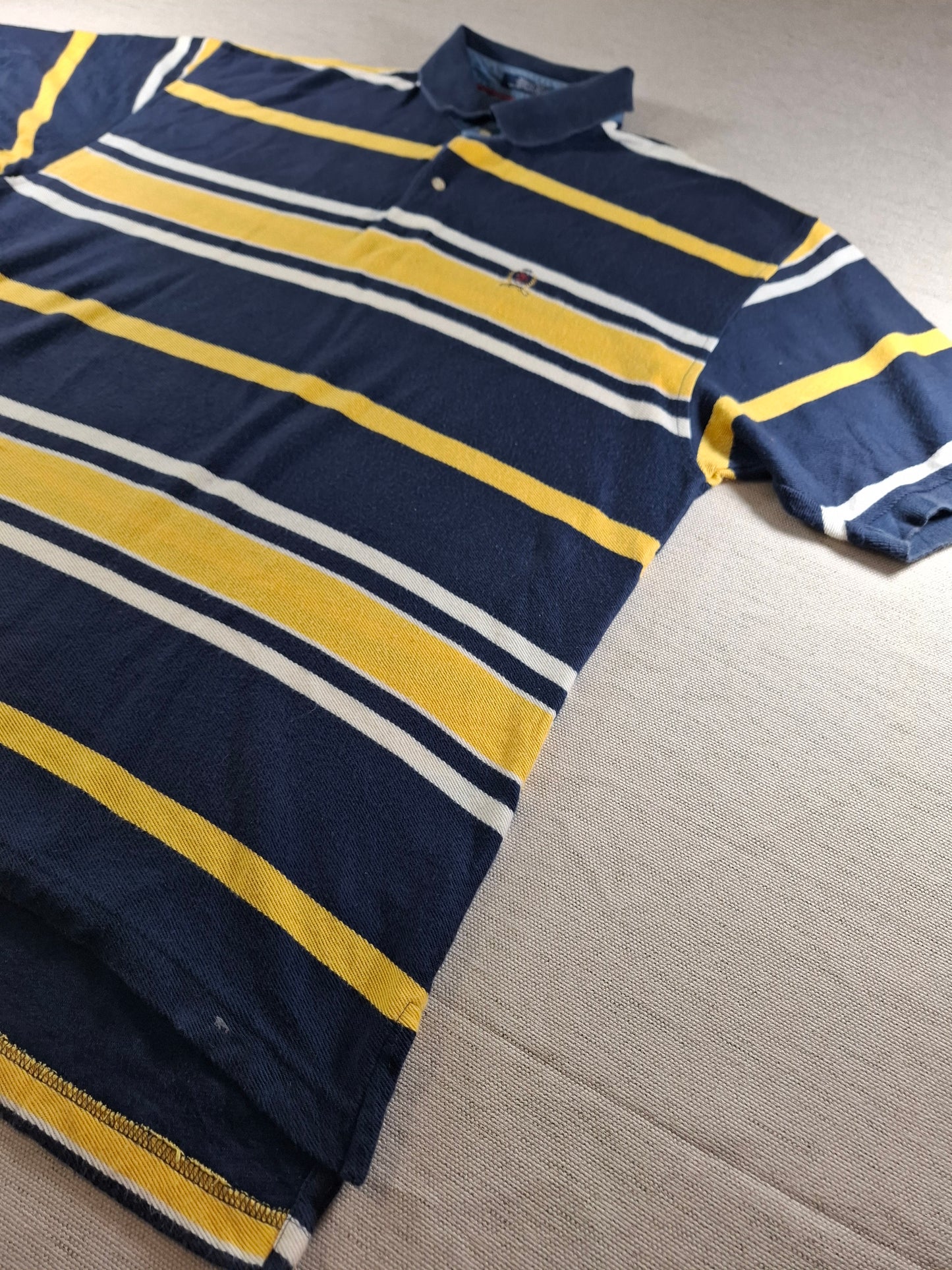 001486 – Tommy Hilfiger Polo Shirt – Yellow/White/Blue Stripe, Size XL