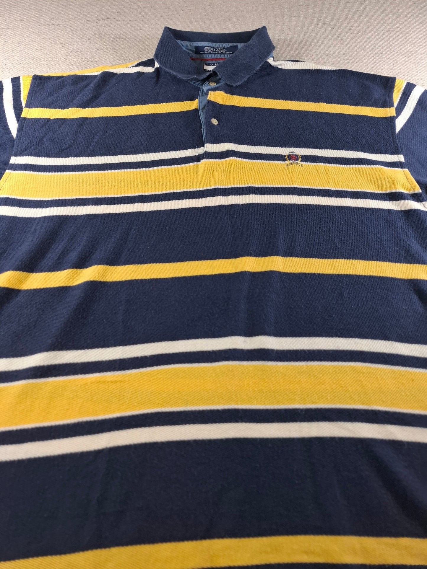 001486 – Tommy Hilfiger Polo Shirt – Yellow/White/Blue Stripe, Size XL
