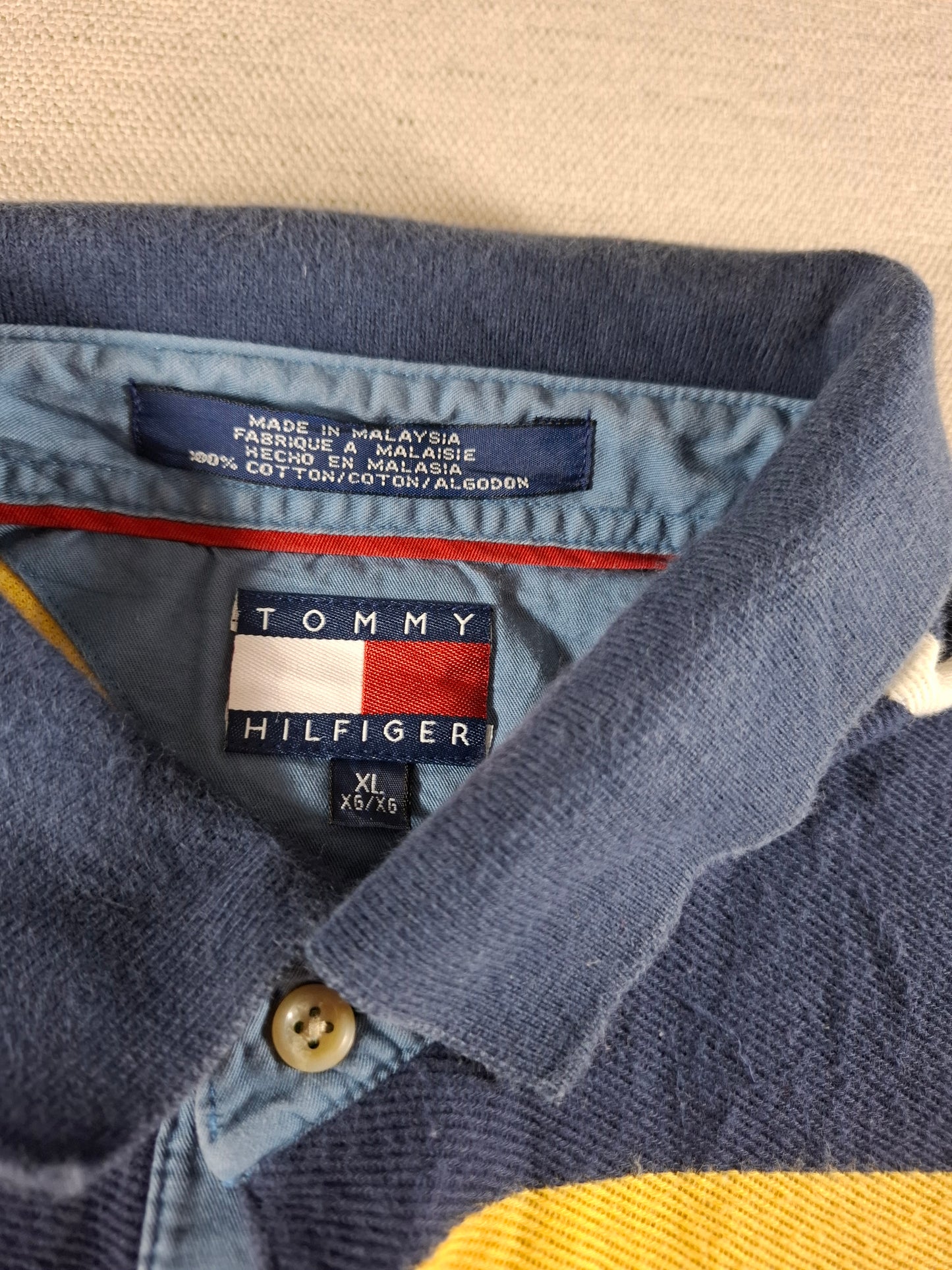 001486 – Tommy Hilfiger Polo Shirt – Yellow/White/Blue Stripe, Size XL