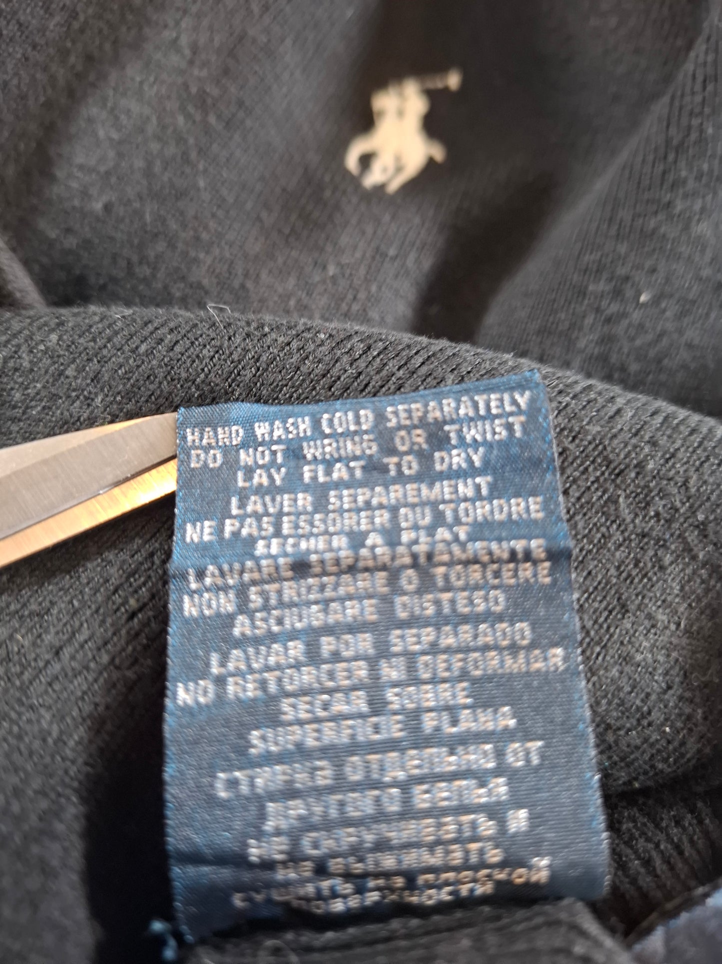 000227 Polo Ralph Lauren Full zip sweater size L Black with Black and White collar.