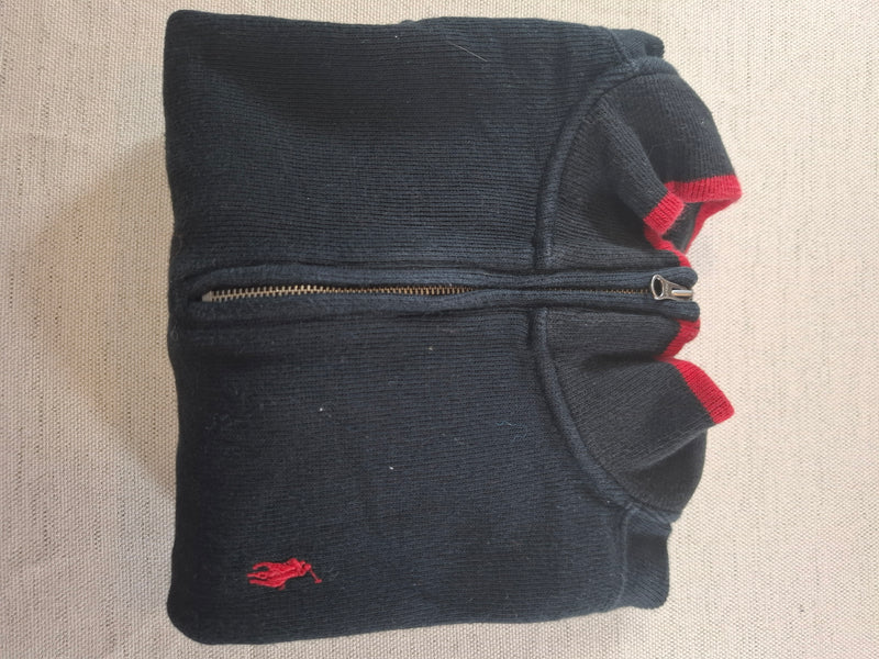 000487 – Polo Ralph Lauren Quarter-Zip Sweater – Black with red trim, Size L