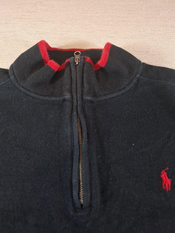 000487 – Polo Ralph Lauren Quarter-Zip Sweater – Black with red trim, Size L