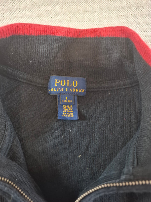 000487 – Polo Ralph Lauren Quarter-Zip Sweater – Black with red trim, Size L