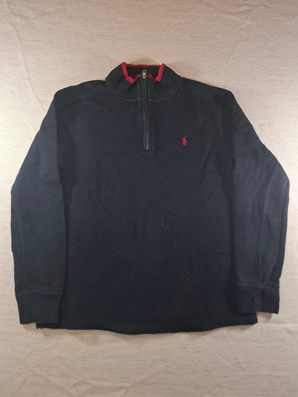 000487 – Polo Ralph Lauren Quarter-Zip Sweater – Black with red trim, Size L