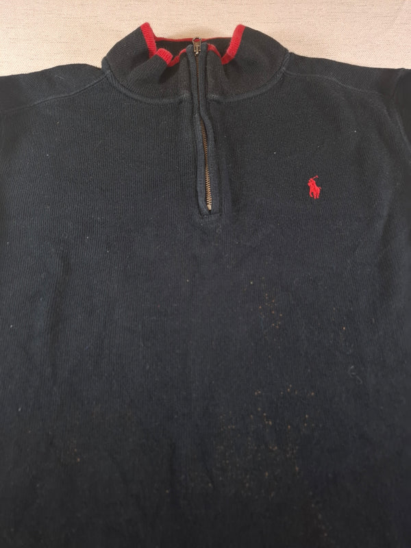 000487 – Polo Ralph Lauren Quarter-Zip Sweater – Black with red trim, Size L