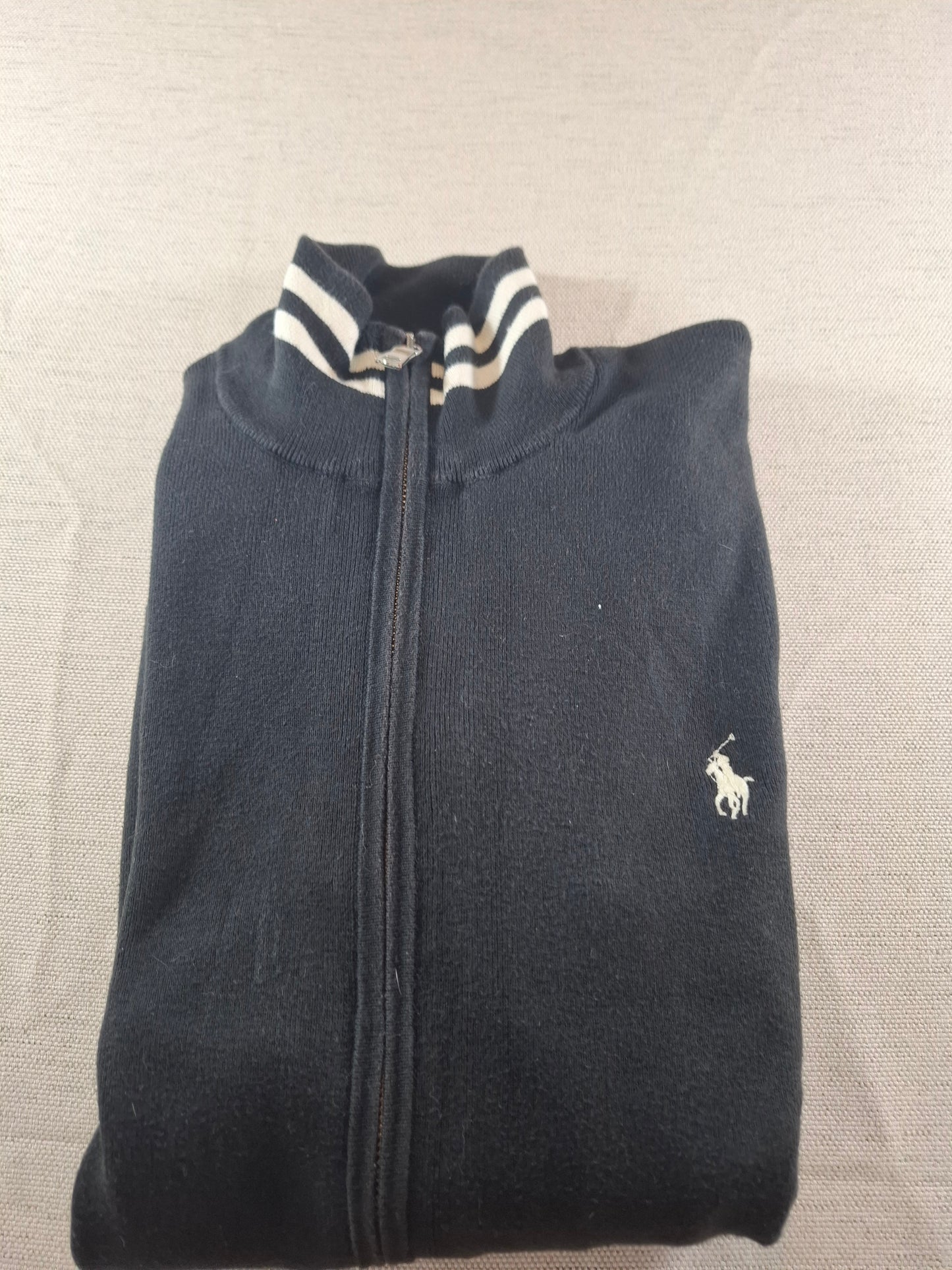 000227 Polo Ralph Lauren Full zip sweater size L Black with Black and White collar.