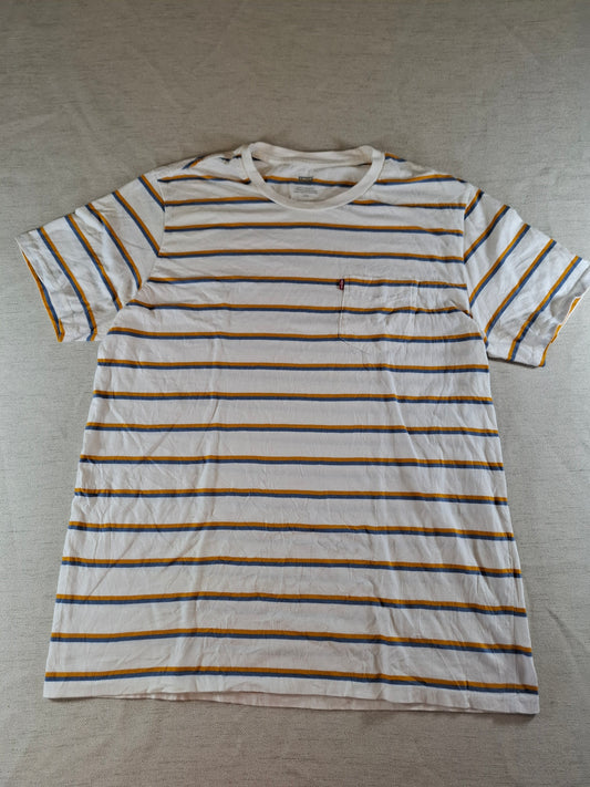 001137 Levi's T-shirt size L White/ Yellow/ Blue striped.