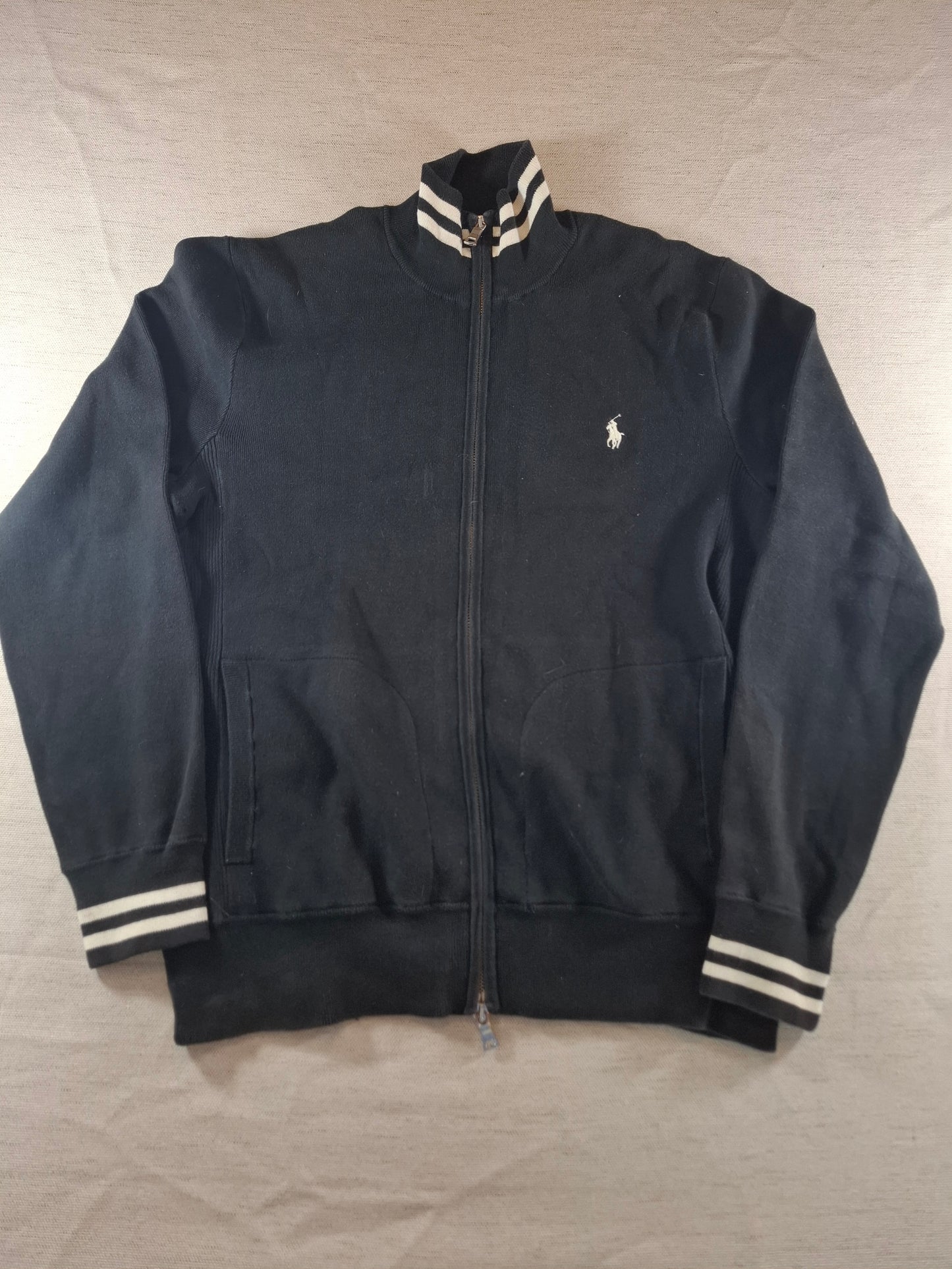 000227 Polo Ralph Lauren Full zip sweater size L Black with Black and White collar.