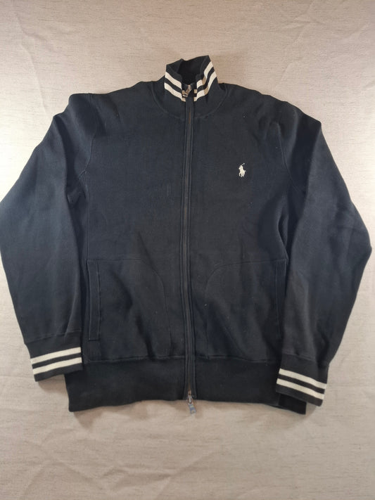 000227 Polo Ralph Lauren Full zip sweater size L Black with Black and White collar.