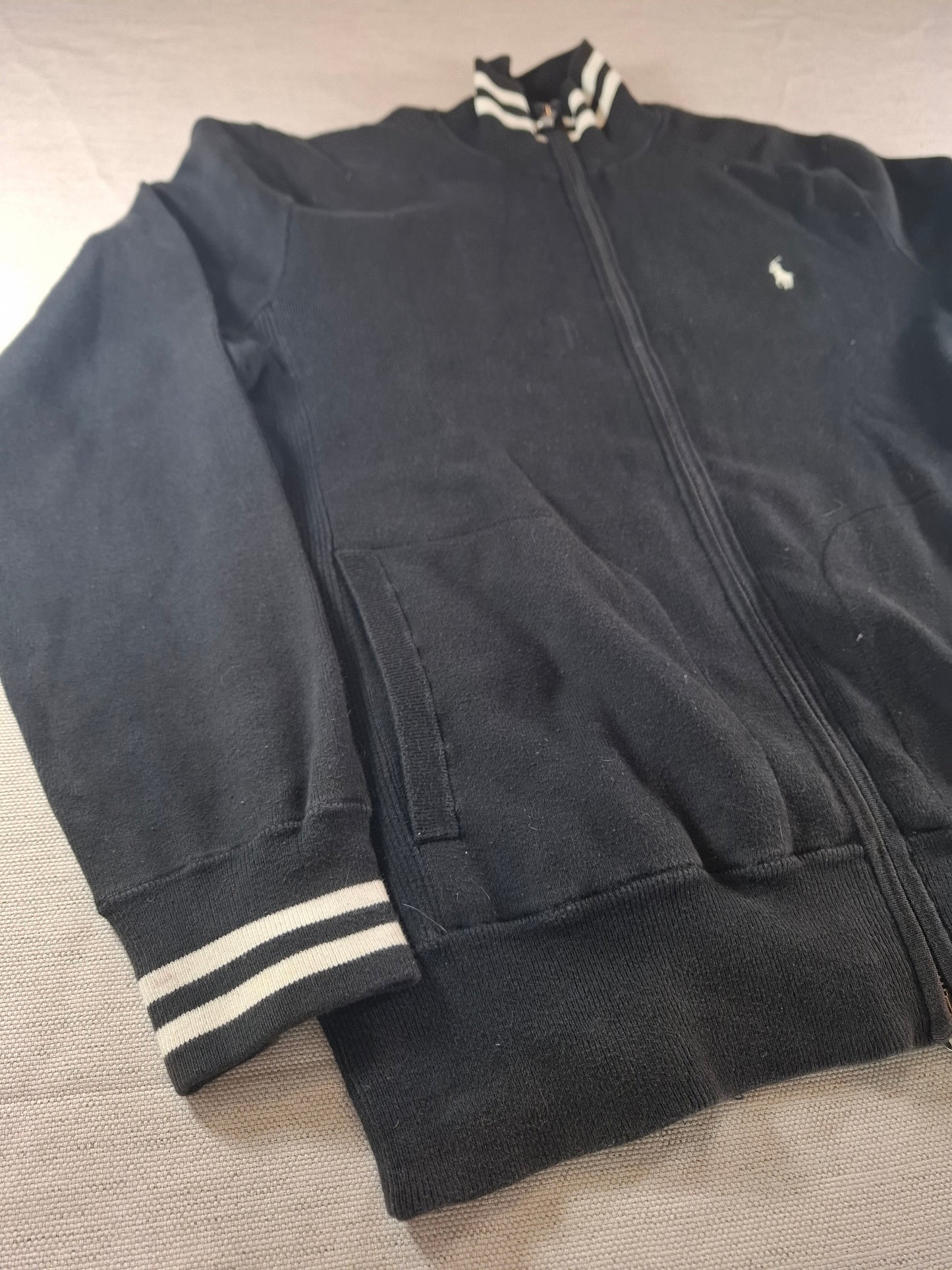 000227 Polo Ralph Lauren Full zip sweater size L Black with Black and White collar.