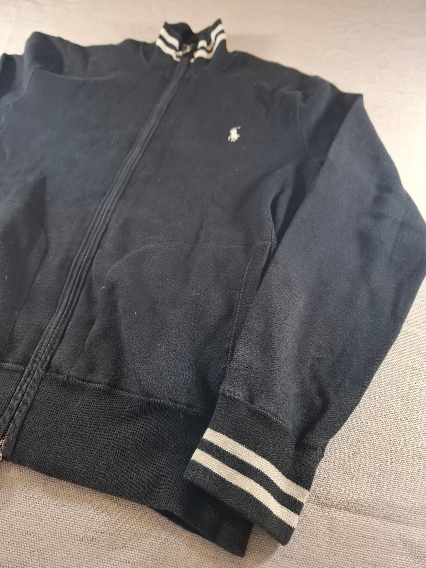 000227 Polo Ralph Lauren Full zip sweater size L Black with Black and White collar.