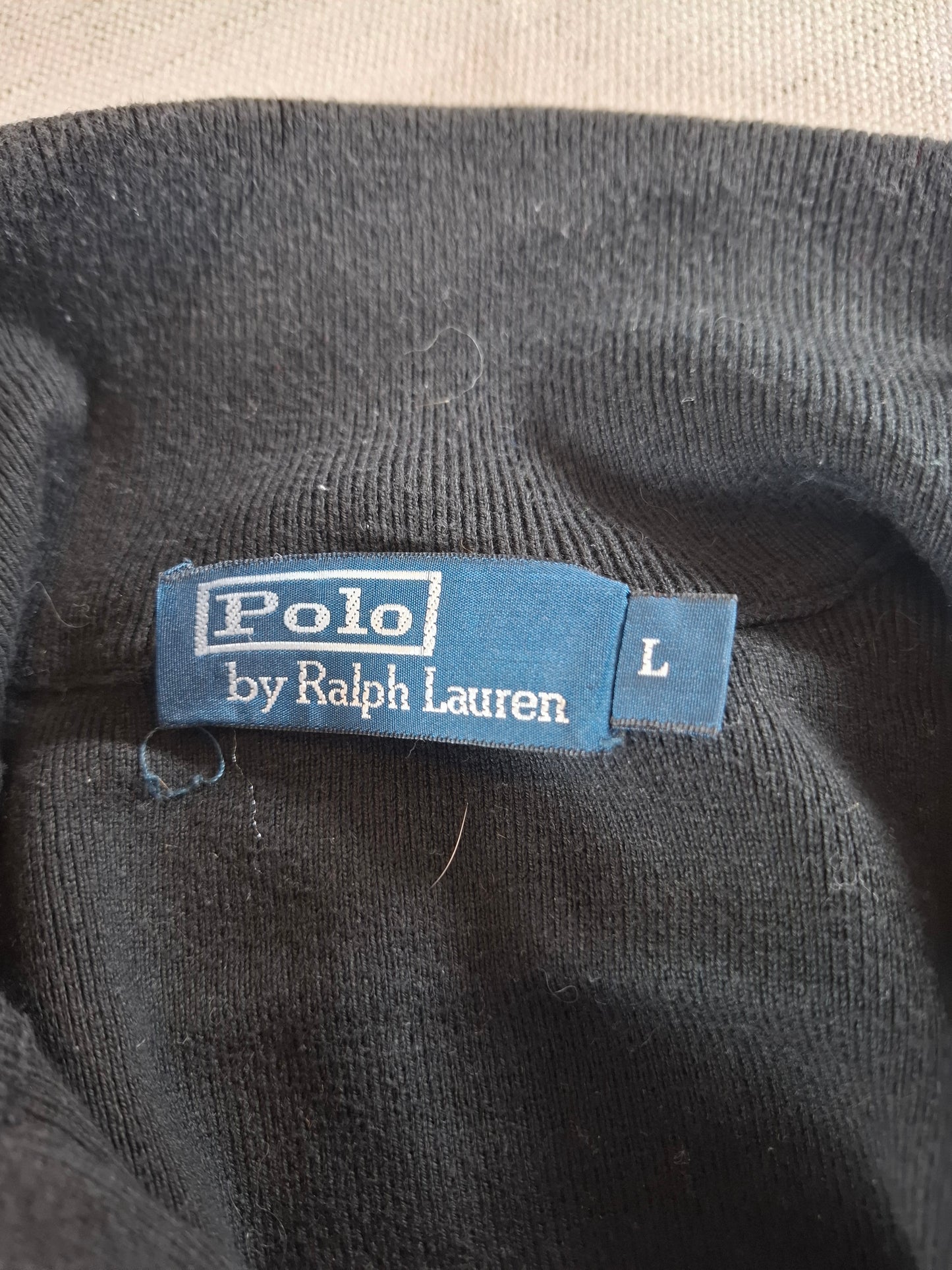 000227 Polo Ralph Lauren Full zip sweater size L Black with Black and White collar.